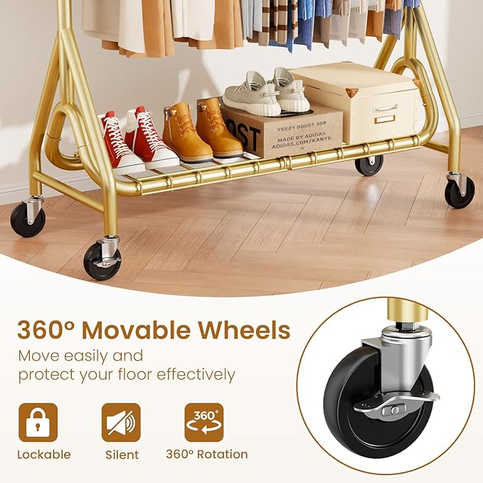 Double Rods Clothing Rack, Heavy Duty Clothes Rack for Hanging Clothes Load 560LBS, Metal Rolling Garment Racks with Wheels, Freestanding Clothes Hanging Racks, Gold-DeskLoop Office