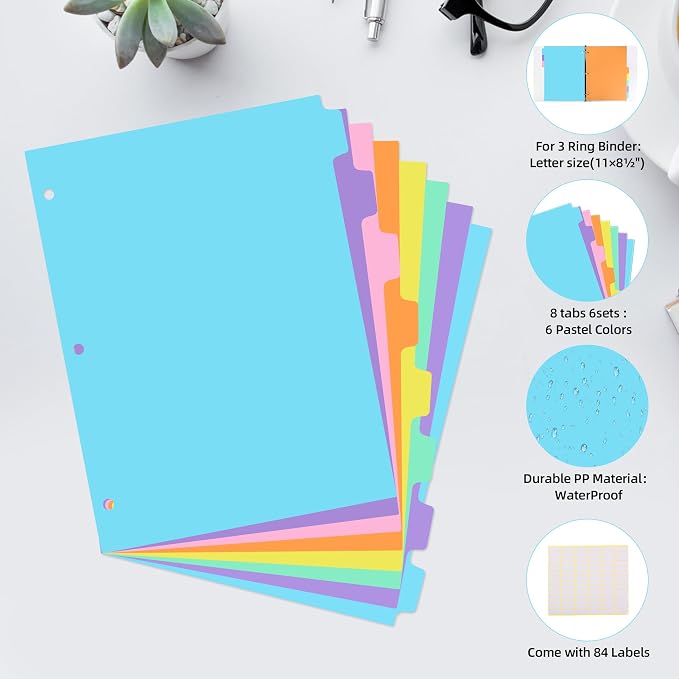 3 Ring Binder Dividers with TAB, 8 Tab 3 Hole Punch Dividers, Pastel Color - Image 4