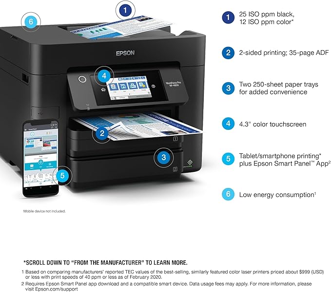 Epson Workforce Pro WF-4830 Wireless All-in-One Printer with Auto 2-Sided Print, Copy, Scan and Fax, 50-Page ADF, 500-sheet Paper Capacity, and 4.3" Color Touchscreen, Works with Alexa, Black, Large-DeskLoop Office