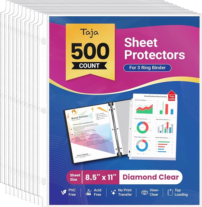 Taja Sheet Protectors for 3 Ring Binder, Plastic Sleeves for Paper Letter Size by Taja