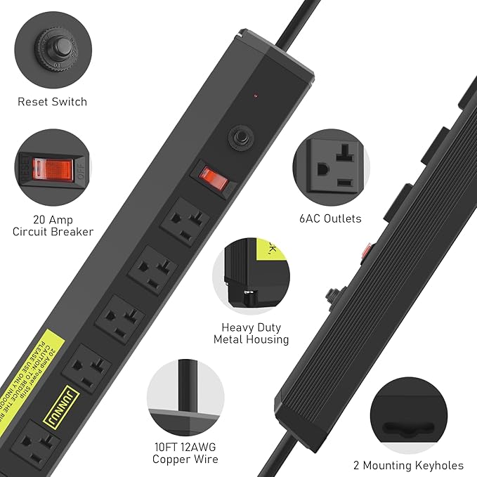 JUNNUJ Heavy Duty Metal Power Strip 20 Amp, High Amp Surge Protector 6 Outlet, 20A Power Strips Workshop Industrial Outlets Wide Spaced 6-20R T-Slot with Circuit Breaker, 12 Gauge Extension Cord 10ft-DeskLoop Office