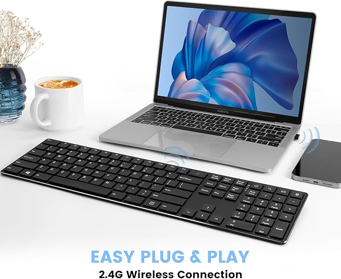 K01R Wireless Keyboard, 2.4G Slim and Compact Wireless Keyboard with Numeric Keypad, Long Battery Life, Lag-Free for PC Laptop Computer Windows, Black-DeskLoop Office