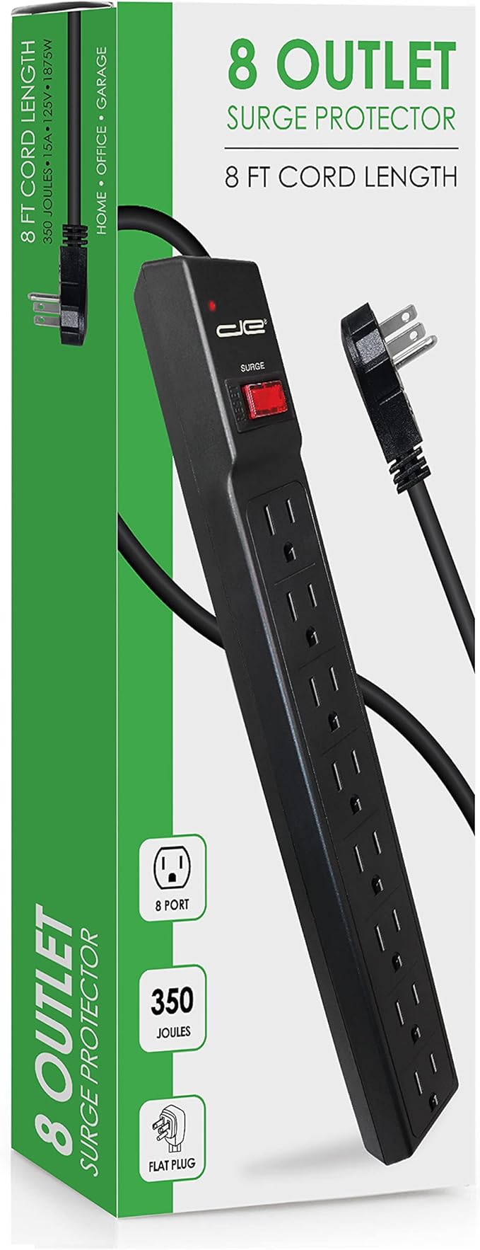 Digital Energy 8 Outlet Surge Protector Power Strip - 15 AMP, 1875 W, 125 V, 350 J Surge Protection, ETL Listed - Flat Plug, Black, 8 FT-DeskLoop Office