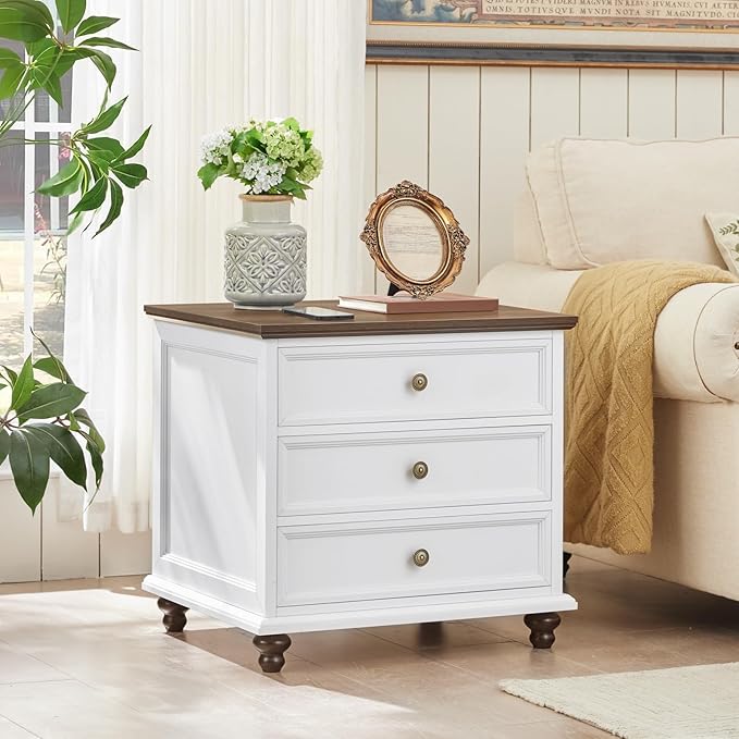 24" Wide Farmhouse Night Stand,Large End Table with 3 Drawers & Metal Handle,White Wood Dresser for Bedroom Cabinet, Bed Side Tabl·e Chest of Drawers,Nightstand for Living Room,Close-DeskLoop Office