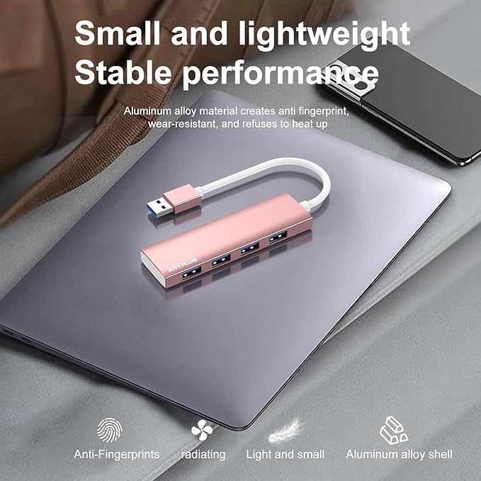 USB Hub, USB 3.0 Hub Aluminum Alloy Ultra Slim USB Splitter, Portable 4 Port USB Extender, USB Hub for Laptop, PC, MacBook, iMac, Surface Pro, Mac Pro, Flash Drive, XPS 【Pink】-DeskLoop Office