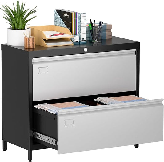 Metal 2 Drawer Lateral File Cabinet with Lock & Adjustable Feet - Wide Filing Cabinet for Letter/Legal/F4/A4 Hanging Files - Includes Business Card Holder,Home Office School Storage,Black/Grey-DeskLoop Office