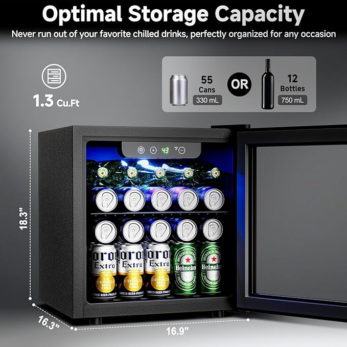 50 Cans Beverage Refrigerator Cooler, 1.3 Cu.Ft Mini Fridge with Glass Door for Soda Beer Drink Wine, Countertop Small Fridge for Bedroom Dorm Office Home Bar, Black-DeskLoop Office