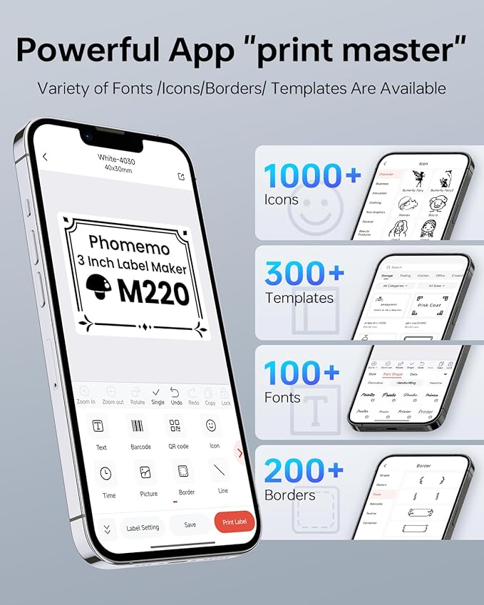 Phomemo Label Maker,M220 Label Printer,3 Inch Bluetooth Thermal Label Maker Machine with 2000+ Icons,300+ Templates & Fonts,for Kids School Items,Small Business,Large Sticker-DeskLoop Office