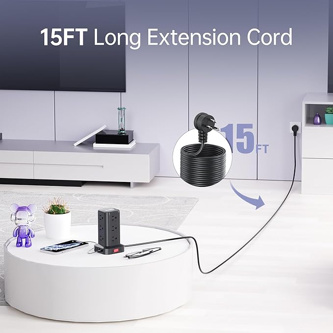 15FT USB C Power Strip Surge Protector Tower, Mini Power Strip Tower Travel 12 AC 4 USB Power Strip with USB Ports, Overload Protection for Home Office-DeskLoop Office