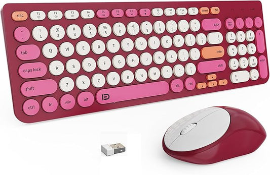 FD Wireless Keyboards and Mouse Combo - 2.4GHz USB Cordless, Cute Wireless Keyboard Round Keys, Quiet and Slim Set for Laptop, Computer, TV and Mac - Strawberry White Colorful-DeskLoop Office
