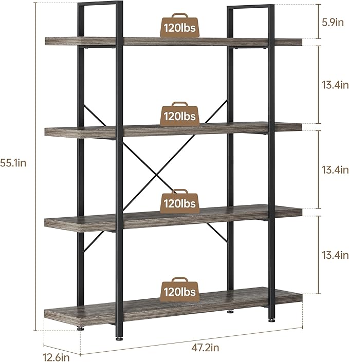 Heavy Duty 4-Tier Industrial Bookcase, 47" Wide Wood Bookshelf for Home Office, 120lbs Shelf Capacity, Rustic Shelving Display with Reinforced Horizontal Shelf for Living Room Bedroom,Grey-DeskLoop Office