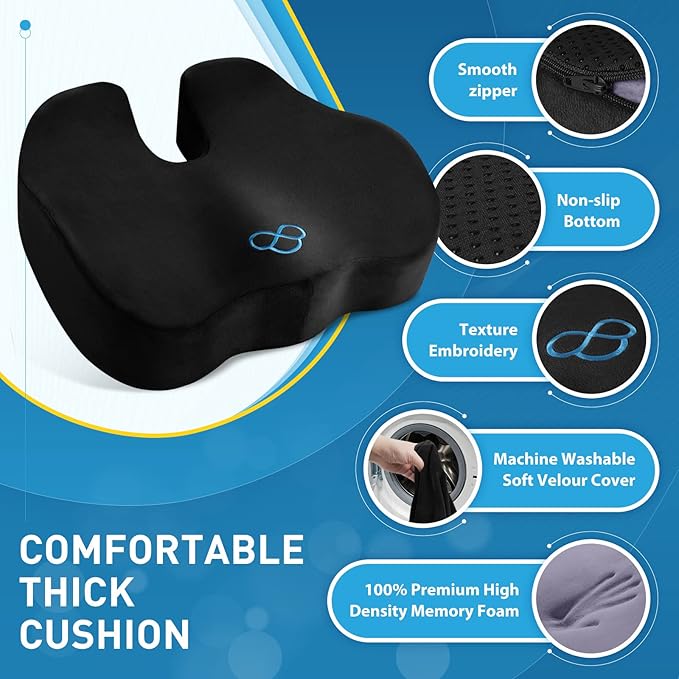 BlissTrends Seat Cushion,5.2in Thick Memory Foam Cushions for Office Chair, Car Seat, Airplane, Relieving Pressure Tailbone Sciatica Back Pain for Long Sitting Office Workers, Car Drivers Black-DeskLoop Office
