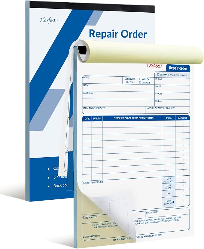 Repair Order Book, 2-Part Carbonless, 100-Set | Work order forms/ receipt book by Harfesto
