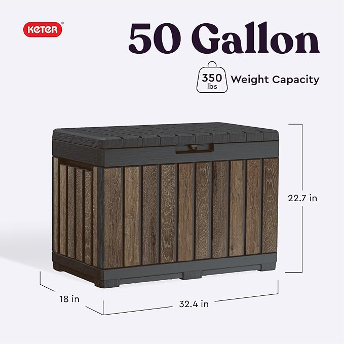 Keter Signature Everwood 50 Gallon Resin Outdoor Storage Box and Patio Furniture Side Table for Pool and Garden Accessories, Walnut-DeskLoop Office