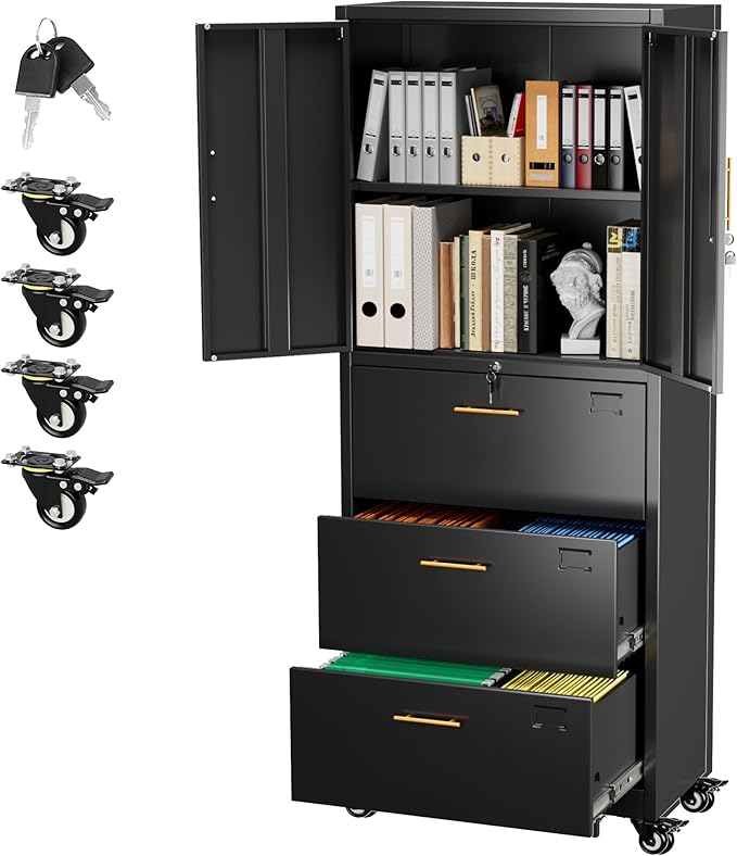 Aobabo Metal 3 Drawers Lateral File Storage Cabinet and Unit Adjustable Shelf Organizer, Steel Files Cabinet with Wheels, 2 Door Storage for Office Legal/Letter A4 Size, Assembly Required, Black-DeskLoop Office