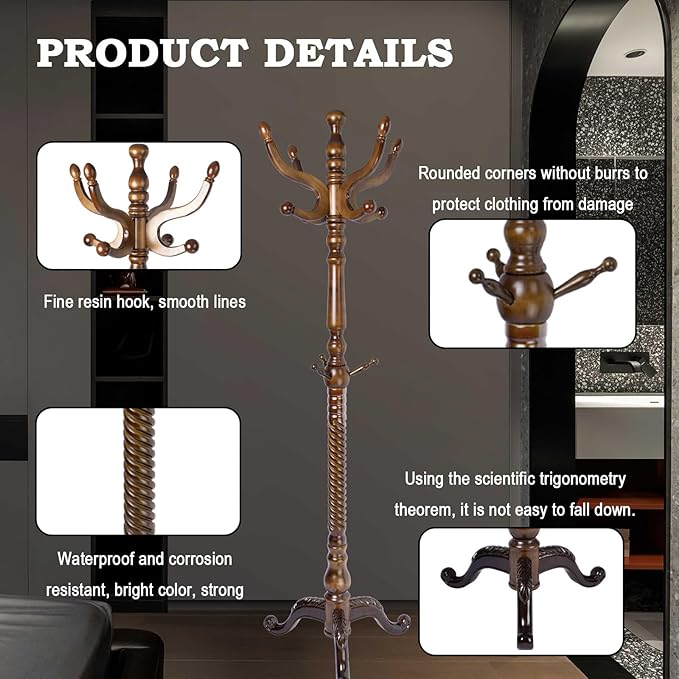 Coat Racks FreeStanding with 11 Hooks, Natural Wood Coat Rack with Tri-Legged Base, Adjustable Height Coat Racks, Easy Assembly for Hallway, Bedroom and Office (Walnut-Tri-Legged Base)-DeskLoop Office