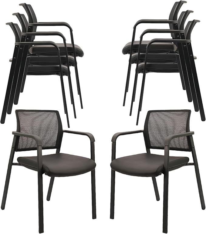 CLATINA Stackable Office Chair, Mesh Back Guest Chairs with Comfortable Leather Seat Arms Stacking Ergonomic Desk Chair No Wheels for Conference Waiting Reception School Stationary, Black, Set of 8-DeskLoop Office