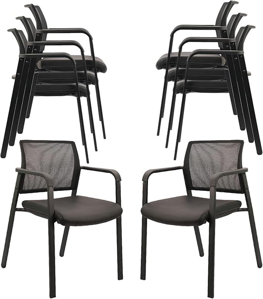 CLATINA Stackable Office Chair, Mesh Back Guest Chairs with Comfortable Leather Seat Arms Stacking Ergonomic Desk Chair No Wheels for Conference Waiting Reception School Stationary, Black, Set of 8-DeskLoop Office