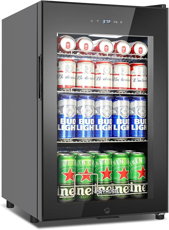 101 Cans Compressor Beverage Refrigerator, 17 Inch Drink Fridge with Glass Door, Adjustable Removable Shelves, Quiet Operation, Temp Memory, Beer Cooler for Soda, Beer, Water, Home Bar, Office-DeskLoop Office