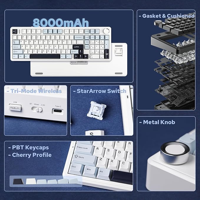 EPOMAKER X Aula F99 PRO Wireless Gaming Keyboard with 8000mAh Battery, Hot Swappable Creamy Keyboard, 2.4GHz/Type-C/BT5.0, NKRO, RGB Backlit for Win/Mac/Gaming (Blue&White)-DeskLoop Office