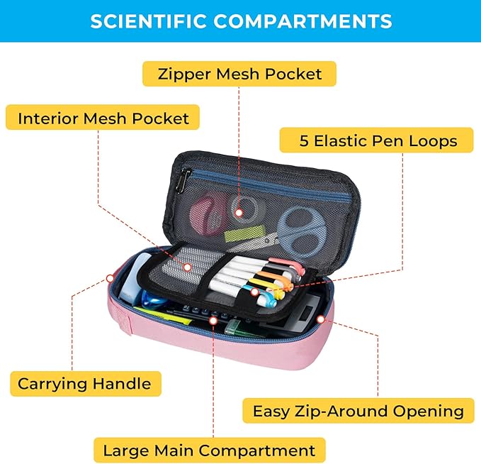 ECHSRT Big Pencil Case, Aesthetic Portable Zipper Pencil Bag with Hidden Pocket, Special Pouch for Men Women Adults, Stationery Organizer Pen Cases for Office Travel, Pink-DeskLoop Office