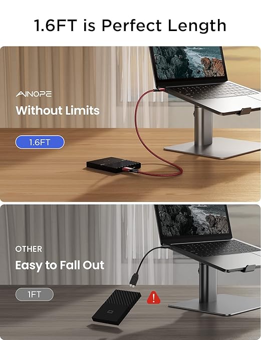 AINOPE 10Gbps Micro B to USB C Hard Drive Cable, [Nylon Braided] USB C to Micro B Cord, USB C to External Hard Drive Cable for Seagate WD Westgate, iPhone 16 Pro MacBook Air M2 Pro, 1.6FT, Red-DeskLoop Office