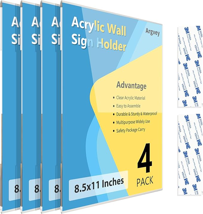 Acrylic Sign Holder 8.5 x 11 Wall Mount, Menu Flyer Display Holders by Argvey