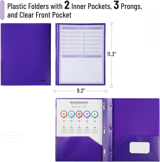 Mr. Pen- Plastic Folders with Pockets and Prongs, 24 Pack, Letter Size | Purple - Image 3