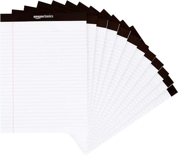 Amazon Basics Wide Ruled Lined Writing Note Pads, 8.5 inch x 11.75 inch, White, 12 Count (12 Pack of 50)-DeskLoop Office