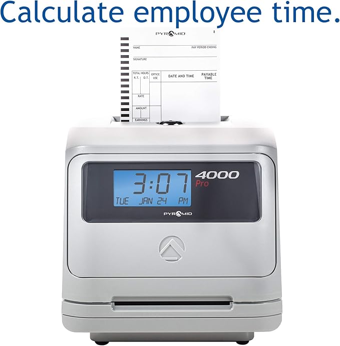 Pyramid Time Systems - Model 4000 Pro Auto Totaling Time Clock [ 4000PROK ] for Small Business, Bundle Includes: 125 Time Cards,2 Ink Ribbon cartridges, 1 Ten Time Card Rack, 2 Security Keys-DeskLoop Office