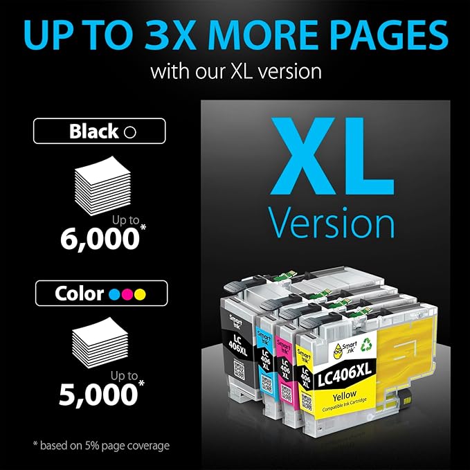 Smart Ink Compatible Ink Cartridges Replacement for Brother LC406 XL LC406XL for Brother Printer MFC-J4335DW MFC-J4535DW MFC-J5855DW MFC-J6555DW MFC-J4345DW XL (4 Pack, Black, Cyan, Magenta, Yellow)-DeskLoop Office