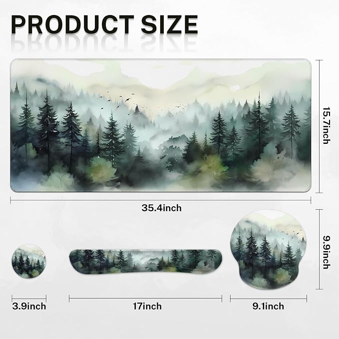 Britimes Green Ink Style Mountain Forest Keyboard Mouse Pad Set 4in1 Large - Image 2
