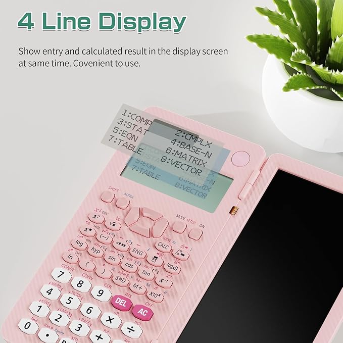 Rechargeable ROATEE 991ES MAX Scientific Calculators, CalcNote Multiview 4-Line Display with LCD Writing Tablet Notepad, Foldable Portable for Business High School College Students and Teacher(Pink)-DeskLoop Office