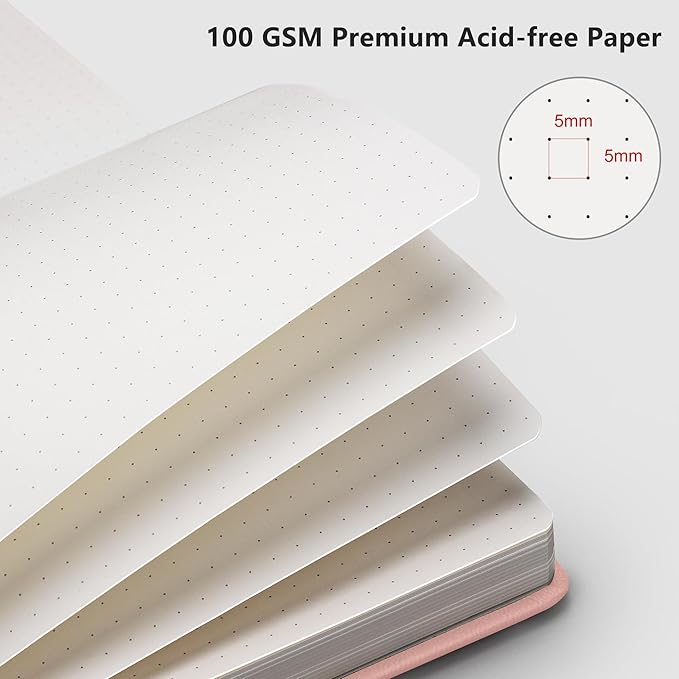 RETTACY Bullet Dotted Journal Notebook, 192 Pages, A5 Medium Size (5.7'' x 8.3''), Leather Hardcover, 100 GSM Thick Paper, for Bullet Journaling, Planning, Tracking (Pink)-DeskLoop Office
