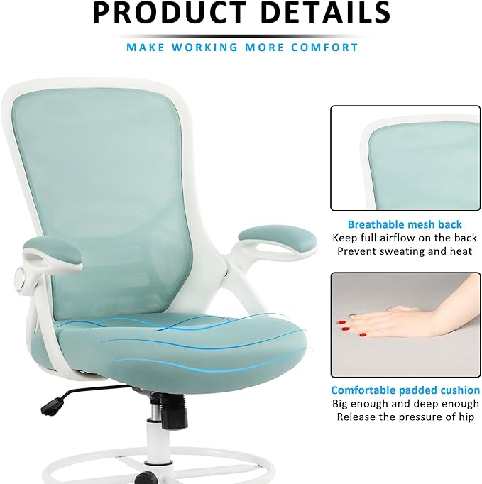 HYLONE Drafting Chair Tiffany Blue, Tall Office Chair Standing Desk Stool with Adjustable Height, Foot Ring, Flip-Up Arms, Mesh High-Back Office Chair, White-DeskLoop Office