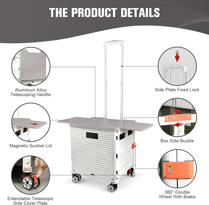 FELICON SELORSS Folding Utility Cart Portable Rolling Crate Handcart-White | - Image 3