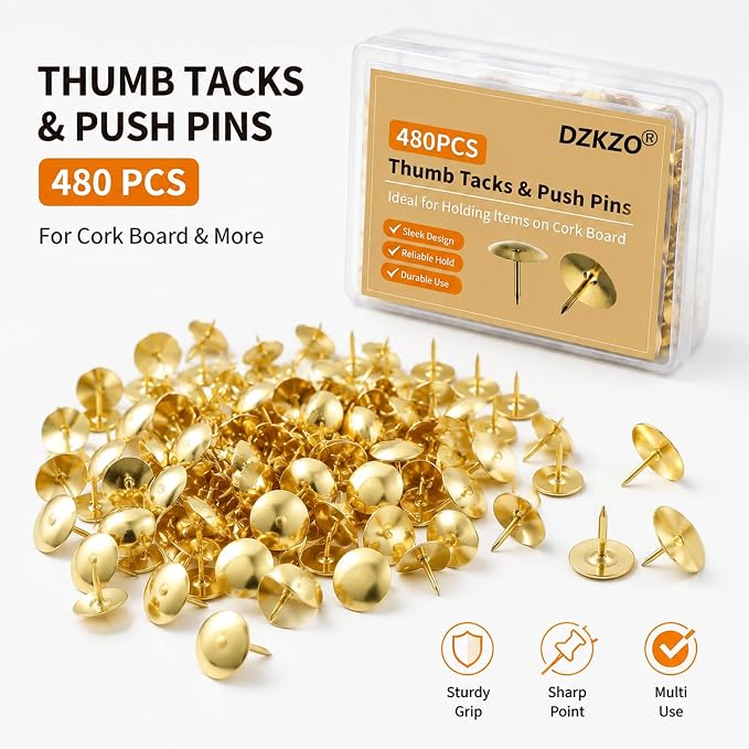 480PCS Gold Thumb Tacks, Flat Push Pins Bulk, Steel Roundness, Needlepoint Tacks - Image 8