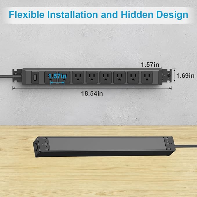 HHSOET Metal 360° Rotating Mountable Power Strip, 8 Outlet Gaming Table Mounted Outlet Strip, Heavy Duty Wall Mount Surge Protector with Switch, 15A 125V 1875W, 15ft Power Cord.(Black)-DeskLoop Office