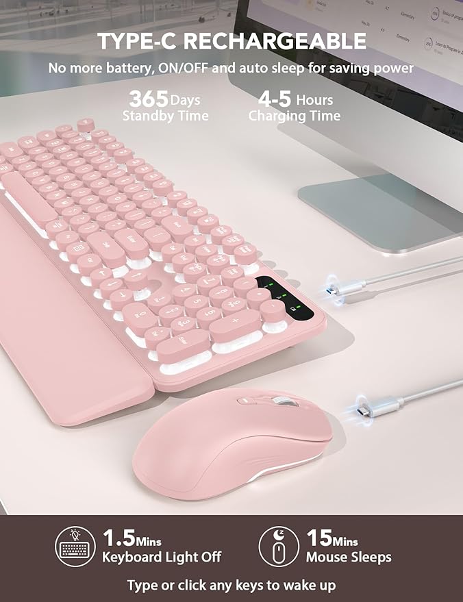 Wireless Keyboard and Mouse Backlit - Typewriter Keyboard with Retro Round Keycaps, Detachable Wrist Rest, Light Up Letters, 2.4G Rechargeable Combo for Mac, Windows, PC, Laptop, Trueque (Pink)-DeskLoop Office