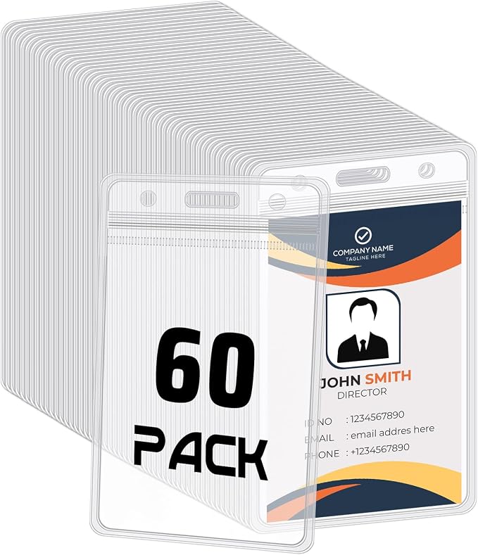 60 Pack Vertical ID Badge Holders Clear Plastic Waterproof Card Holder by BESARME
