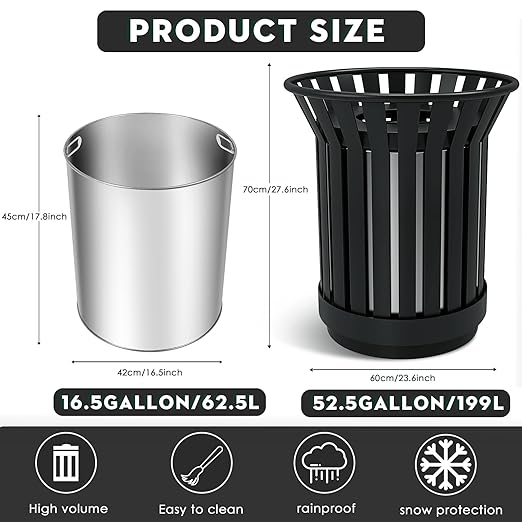 27.6IN Round Large Outdoor Trash Can, Heavy Duty Metal Slatted Garbage Can Outdoor, All Weather Resistant Commercial Garbage Cans, Waste Receptacle in Park, School, Beach, Patio Black-DeskLoop Office