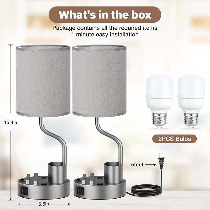 Grey Bedside Table Lamps for Bedroom Set of 2 - Image 2
