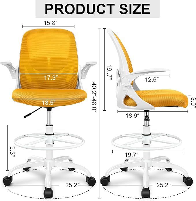 Primy Drafting Chair Tall Office Chair with Flip-up Armrests Executive Ergonomic Computer Standing Desk Chair with Lumbar Support and Adjustable Footrest Ring (Mustard)-DeskLoop Office