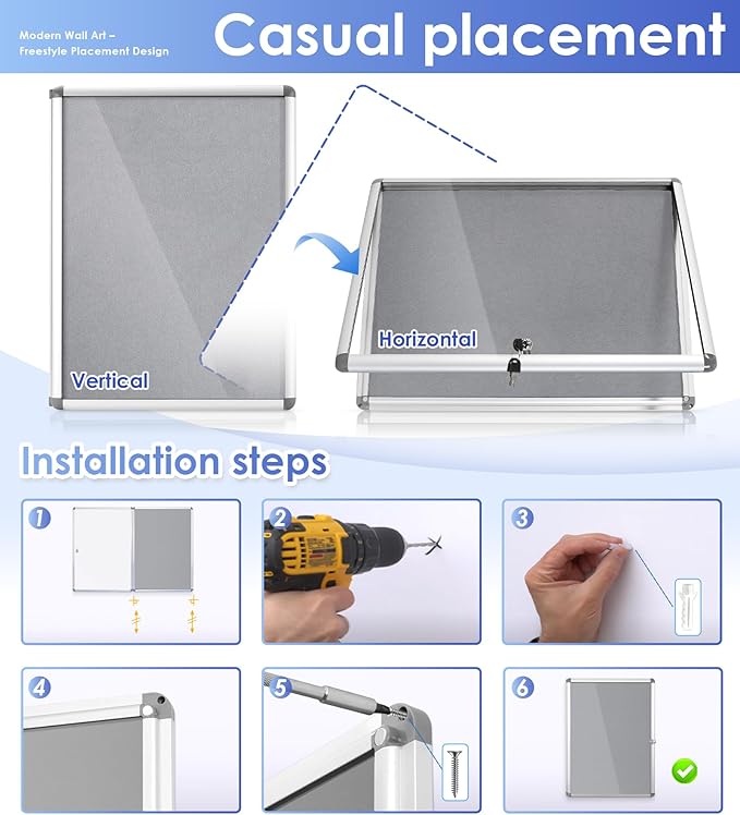 SWANCROWN Enclosed Bulletin Board 24x18 in, Tamperproof Lockable Grey Felt Board Wall Display Case for Office School Home, Aluminum Frame-DeskLoop Office