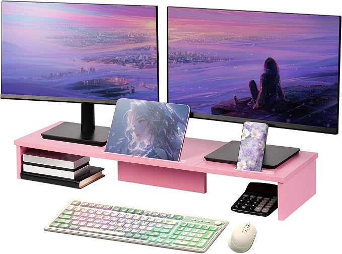 Dual Monitor Stand Riser with Phone Tablet Holder, 35.8in Large Monitor Stand by Qupui
