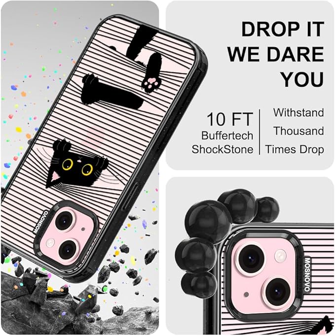 MOSNOVO Case for iPhone 15, [10ft 4X Military-Grade Drop Protection] Durable & Shockproof Phone Case Cover Design for iPhone 15 - Hidden Black Cat - Clear Black-DeskLoop Office