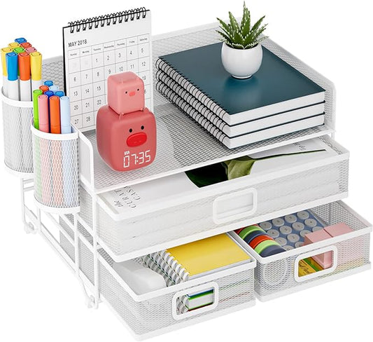 Marbrasse 3 Tier Mesh Desk Organizer with Drawer, Multi-Functional Desk Organizers and Accessories, Paper Letter Organizer with 2 Pen Holder for Home Office Supplies - White-DeskLoop Office