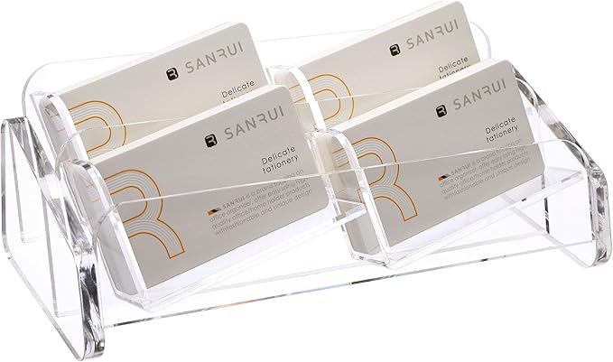 SANRUI Business Card Holder for Desk, Slant Clear Acrylic Desktop Cards Organizer, 2 Tier 4 Slots, Holds 240 Cards-DeskLoop Office