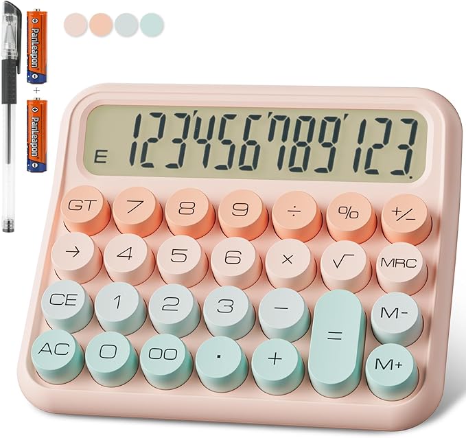 Mechanical Calculator 12 Digit Extra Large 5-Inch LCD Display, DECKLIT Battery Desk Calculator, Big Buttons Easy to Press Office Calculators Desktop, 15°Tilt Screen for Kids Calculator(Green&Pink)-DeskLoop Office