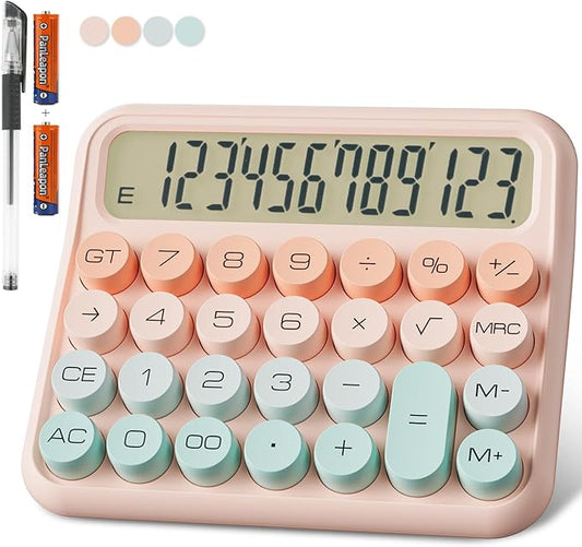 Mechanical Calculator 12 Digit Extra Large 5-Inch LCD Display, DECKLIT Battery Desk Calculator, Big Buttons Easy to Press Office Calculators Desktop, 15°Tilt Screen for Kids Calculator(Green&Pink)-DeskLoop Office
